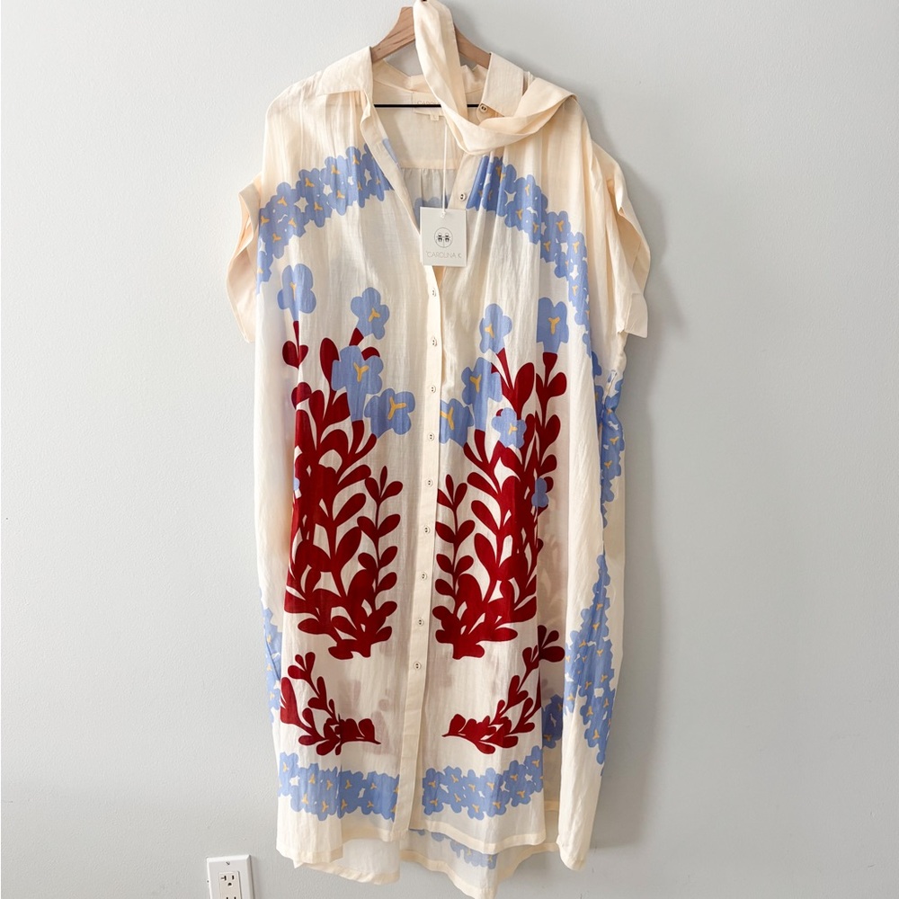 Carolina K Valerie Caftan Dress Size L cream blue burgundy organic cotton NWT